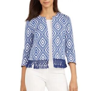 J. McLaughlin Long Sleeve Crew Neck Crop Jacket Crochet Fringe Jacquard NWT